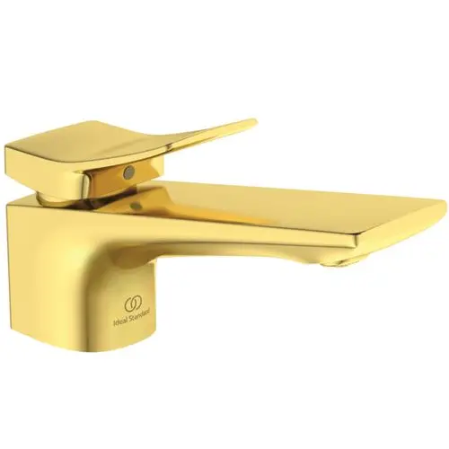 Waschtischarmatur in goldener Ausführung mit einem Hebel zur Temperaturregelung. Produkt von Ideal Standard, geeignet für moderne Badezimmeranwendungen.